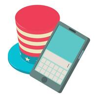 Election invitation icon isometric vector. Smartphone near top hat in flag color vector