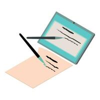 Online election icon isometric vector. Text on tablet screen near sheet with pen vector