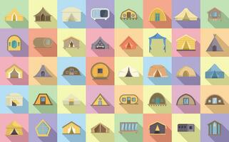 Glamping icons set flat vector. Tent adventure vector