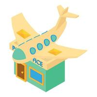 Correspondence delivery icon isometric vector. Airplane flying over post office vector