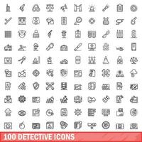 100 detective icons set, outline style vector