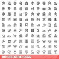 100 detective icons set, outline style vector