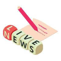 News screensaver icon isometric vector. Live news inscription and sheet with pen vector