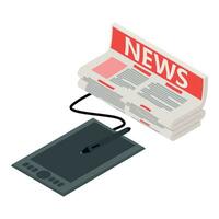 Business news icon isometric vector. Newspaper stack near digital tablet icon vector