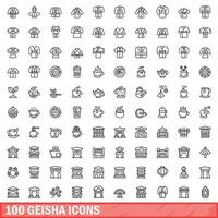 100 geisha icons set, outline style vector
