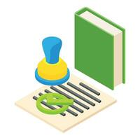 Confirmation icon isometric vector. Document with seal and green paper book icon vector