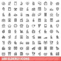 100 elderly icons set, outline style vector