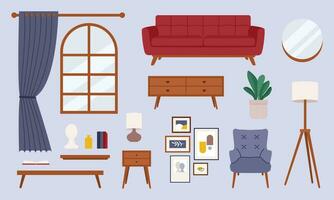 Living room interior elements set in flat retro style. Vector red retro sofa, armchair, posters. Vector illustration