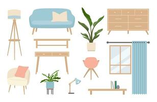 Living room interior elements set in flat cartoon style. Romantic cute interior. Vector sofa, armchair, chest of drawers, home plants illustration. Vector illustration