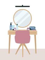 Dressing table with mirror and cosmetics interior illustration in flat style. Bedroom, dressing room furniture elements. Vector illustration
