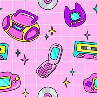 00s pink seamless pattern of electronic elements in flat cartoon style. Tape recorder, CD, cassette, game console, mobile phone, Japanese toy. vector