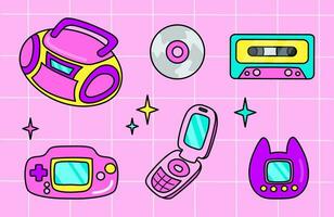 00s pink set of electronic elements in flat cartoon style.Tape recorder, CD, cassette, game console, mobile phone, Japanese toy. vector