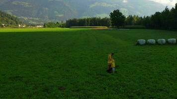 zwei Menschen Gehen durch ein Feld mit Berge im das Hintergrund video