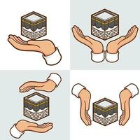 hands with kaaba islamic symbol set vector