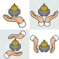 hands with al aqsa palestinian and islamic symbol set vector