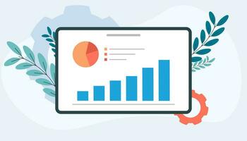 Chart tablet screen illustration depicting business operations with decorative leaves on the side vector