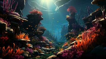 Underwater world with fish and corals. Underwater view of mari fishes and plants. AI generated photo