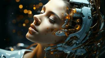 Connection of human woman and artificial intelligence robot. The concept of merging a person and a computer with neural networks in the future. AI generated photo