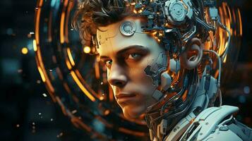 conexión masculino humano y artificial inteligencia robot. el concepto de fusionando un persona y un computadora con neural redes en el futuro. ai generado foto