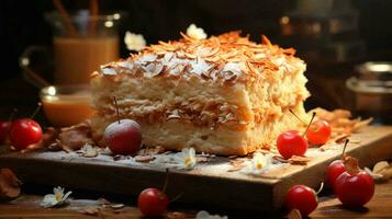 Fresh delicious apple pie charlotte pastry lies on the table in the cafe bakery selective focus blurred background. AI generated photo