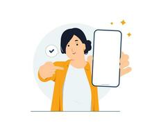 emocionado mujer demostración blanco vacío móvil inteligente teléfono con Copiar espacio y señalando su índice dedo cerca arriba en eso concepto ilustración vector