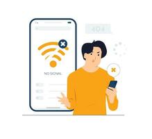 Angry unhappy man screaming while looking at smart mobile phone because bad device work and poor weak wifi signal, lost connection, internet disconnection, bad data service concept illustration vector