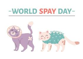 Animal spay or neuter. Cat in veterinary collar. Sterilization of pets. World spay day. vector