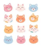 Collection of Cat faces. Cute colorful cat characters with different emotions and facial expressions. vector