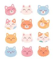 Collection of Cat faces. Cute colorful cat characters with different emotions and facial expressions. vector