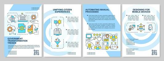 Government transformation trends blue brochure template. Leaflet design with linear icons. Editable 4 vector layouts for presentation, annual reports