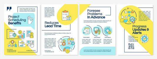 Project scheduling benefits blue and yellow brochure template. Leaflet design with linear icons. Editable 4 vector layouts for presentation, annual reports