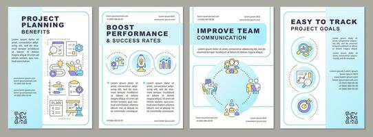 Project planning benefits blue gradient brochure template. Leaflet design with linear icons. 4 vector layouts for presentation, annual reports