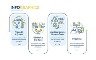 Project plan includes rectangle infographic template. Task management. Data visualization with 4 steps. Editable timeline info chart. Workflow layout with line icons vector