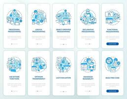 Approaches to programming blue onboarding mobile app screen set. Walkthrough 5 steps editable graphic instructions with linear concepts. UI, UX, GUI template vector