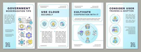 Government modernization tips blue brochure template. Leaflet design with linear icons. Editable 4 vector layouts for presentation, annual reports