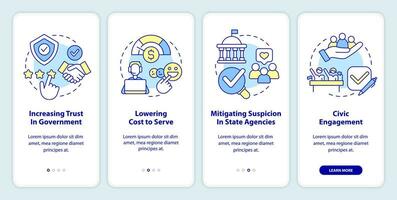 Public service delivery changes onboarding mobile app screen. Walkthrough 4 steps editable graphic instructions with linear concepts. UI, UX, GUI template vector