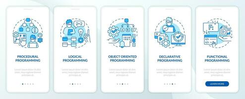 Types of programming paradigms blue onboarding mobile app screen. Walkthrough 5 steps editable graphic instructions with linear concepts. UI, UX, GUI template vector