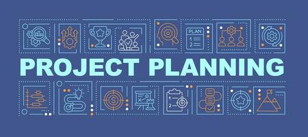 Project planning word concepts dark blue banner. Task management. Infographics with editable icons on color background. Isolated typography. Vector illustration with text