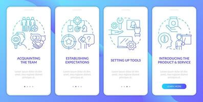 New hire customer service training blue gradient onboarding mobile app screen. Walkthrough 4 steps graphic instructions with linear concepts. UI, UX, GUI template vector