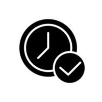 Clock with check mark black glyph icon. Approving appointment time. Digital watch with tick. Set alarm. Confirmation. Silhouette symbol on white space. Solid pictogram. Vector isolated illustration