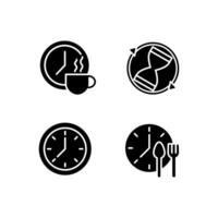 Managing time efficiently black glyph icons set on white space. Rotating sandglass. Break period. Clock face. Lunchtime at work. Silhouette symbols. Solid pictogram pack. Vector isolated illustration