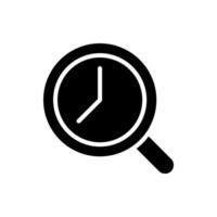 Magnifying glass with clock black glyph icon. Time tracking. Dial inside loupe. Estimation and planning. Manage project. Silhouette symbol on white space. Solid pictogram. Vector isolated illustration