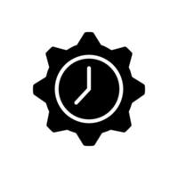 Time management black glyph icon. Flexible hours. Clock inside gear. Planning tasks. Efficient productivity strategy. Silhouette symbol on white space. Solid pictogram. Vector isolated illustration