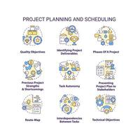 Project planning and scheduling concept icons set. Business improvement idea thin line color illustrations. Isolated symbols. Editable stroke vector