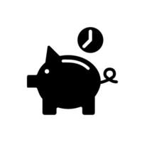 salvar dinero para futuro negro glifo icono. Jubilación ahorros. cerdito banco con reloj. planificación presupuesto. financiero meta. silueta símbolo en blanco espacio. sólido pictograma. vector aislado ilustración