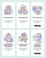 Project management processes onboarding mobile app screens set. Walkthrough 3 steps editable graphic instructions with linear concepts. UI, UX, GUI template vector