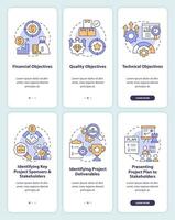 Project management processes onboarding mobile app screens set. Walkthrough 3 steps editable graphic instructions with linear concepts. UI, UX, GUI template vector
