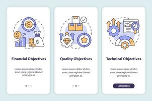 Objectives in project management onboarding mobile app screen. Walkthrough 3 steps editable graphic instructions with linear concepts. UI, UX, GUI template vector