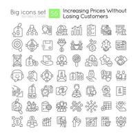 Increasing prices without losing customers linear icons set. Business strategy. Customizable thin line symbols. Isolated vector outline illustrations. Editable stroke used