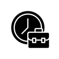 Working hours black glyph icon. Employment duration. Full-time employee. Work schedule. Business day. Workday period. Silhouette symbol on white space. Solid pictogram. Vector isolated illustration